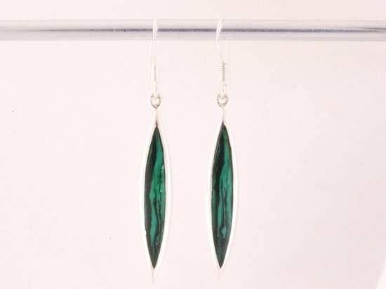 Lange fijne zilveren oorbellen met malachiet afbeelding 4