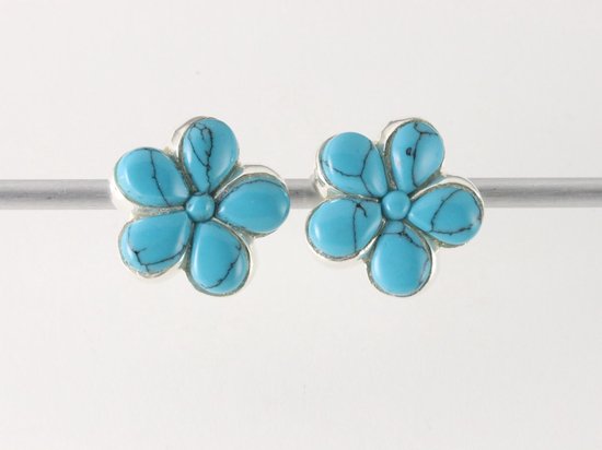 Bloemvormige zilveren oorstekers met blauwe turkoois afbeelding 4