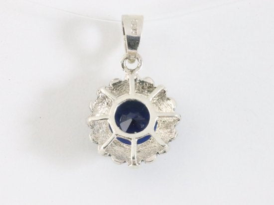Ronde zilveren hanger met blauwe saffier en marcasiet afbeelding 3