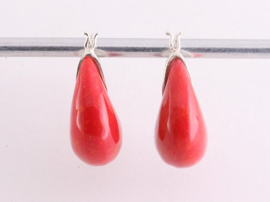 Fijne zilveren oorringen met rode koraal steen afbeelding 2
