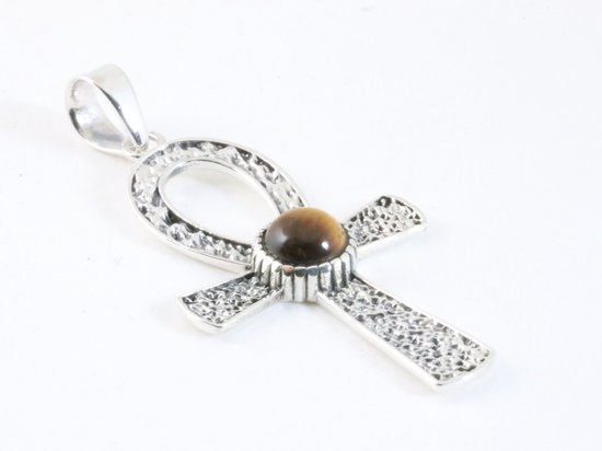 Bewerkte zilveren ankh hanger met tijgeroog afbeelding 2