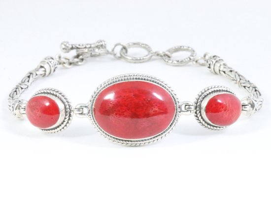 Traditionele zilveren armband met koningsschakels en rode koraal stenen afbeelding 1