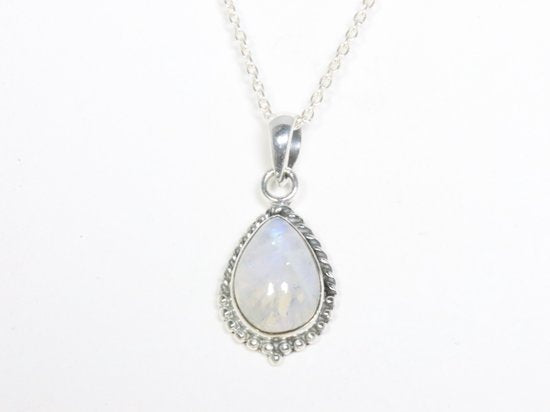 Bewerkte druppelvormige zilveren hanger met regenboog maansteen aan ketting afbeelding 4