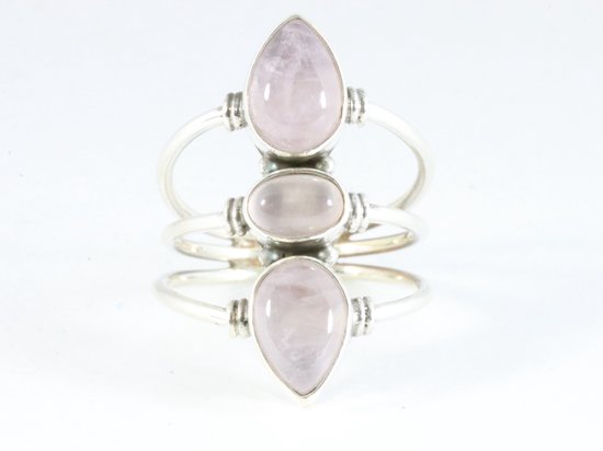 Opengewerkte zilveren ring met 3 rozenkwarts stenen afbeelding 4