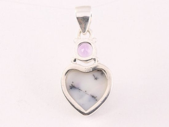 Hartvormige zilveren hanger met dendriet opaal en amethist afbeelding 3