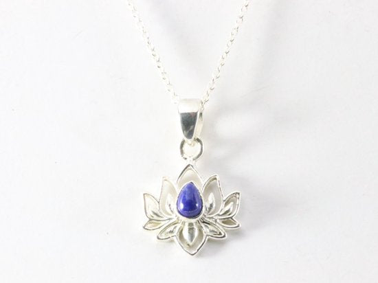 Fijne zilveren lotus hanger met lapis lazuli aan ketting afbeelding 4