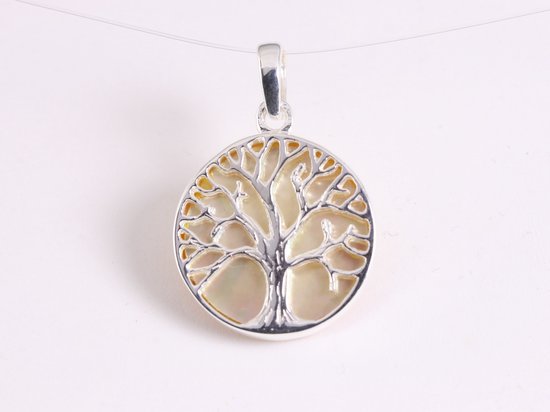 Fijne ronde zilveren hanger met levensboom op goudkleurige schelp afbeelding 1