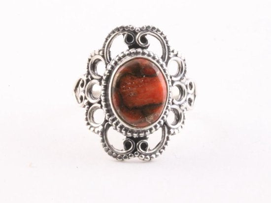 Opengewerkte zilveren ring met rode turkoois afbeelding 2