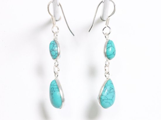 Fijne lange zilveren oorbellen met turkoois afbeelding 2