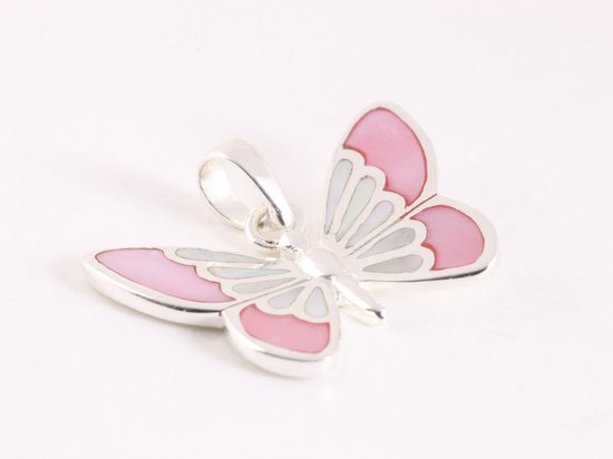 Zilveren vlinder hanger met roze en witte parelmoer aan ketting afbeelding 2