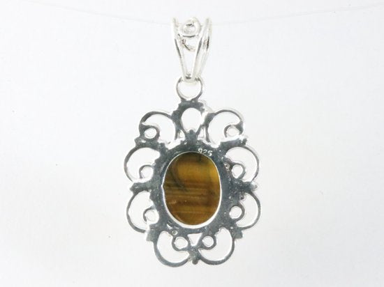 Opengewerkte zilveren hanger met tijgeroog afbeelding 3