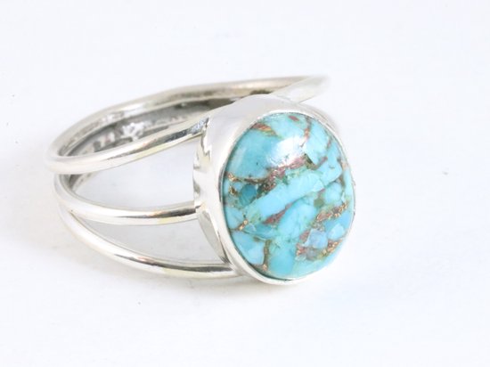 Opengewerkte zilveren ring met blauwe koperturkoois afbeelding 1