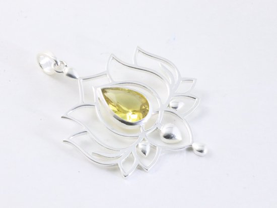 Opengewerkte zilveren lotus hanger met citrien afbeelding 2
