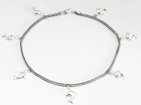 Zilveren enkelband met vossenstaart schakels en dolfijnen afbeelding 1