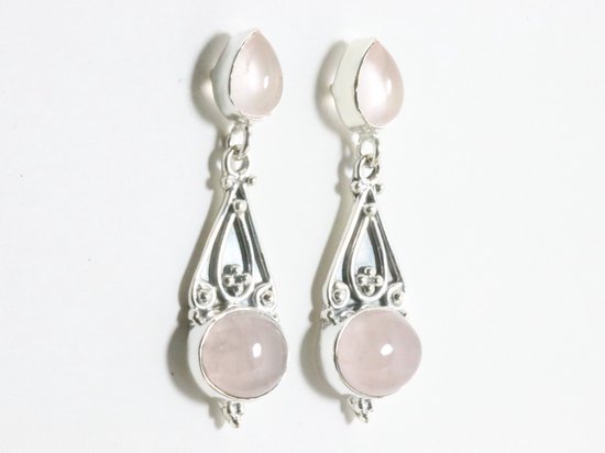 Lange bewerkte zilveren oorstekers met rozenkwarts afbeelding 2