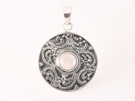 Ronde bewerkte zilveren hanger met rozenkwarts afbeelding 1