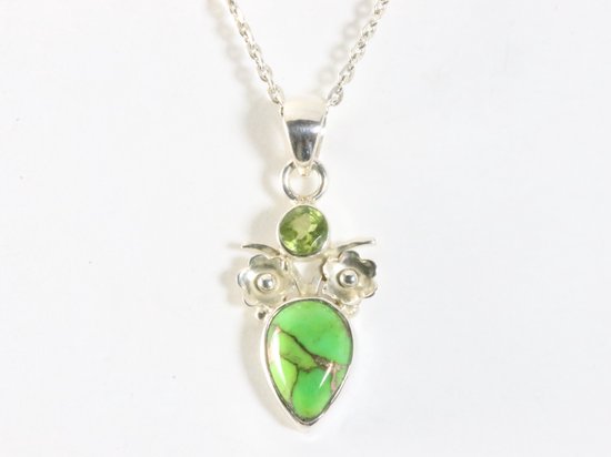 Zilveren hanger met groene koperturkoois en peridoot aan ketting afbeelding 4