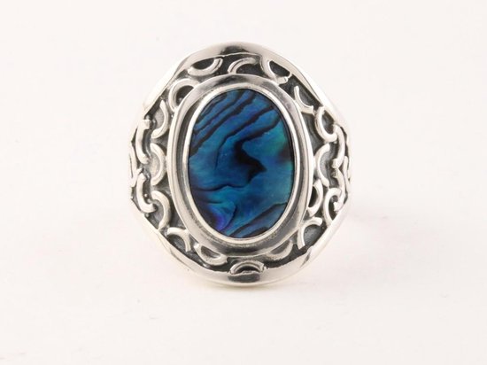 Bewerkte zilveren ring met blauwe abalone schelp afbeelding 4