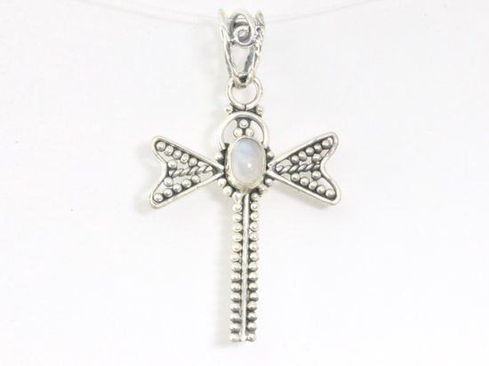 Zilveren libelle hanger met regenboog maansteen afbeelding 4