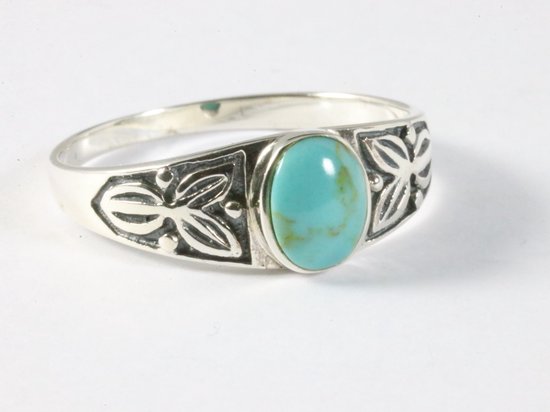 Bewerkte zilveren ring met groene turkoois afbeelding 1