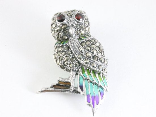 Zilveren uil broche met marcasiet, emaille en granaat afbeelding 3