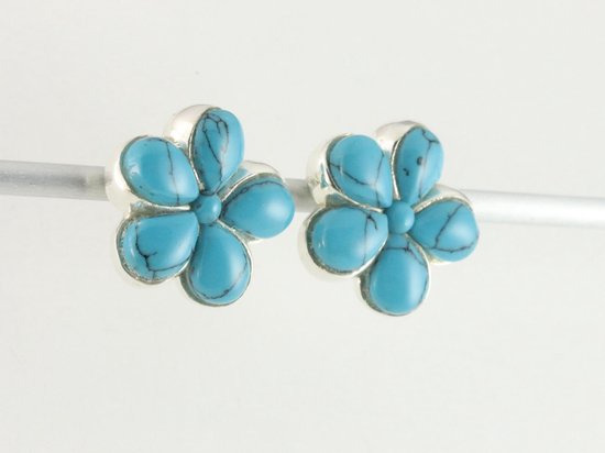 Bloemvormige zilveren oorstekers met blauwe turkoois afbeelding 2