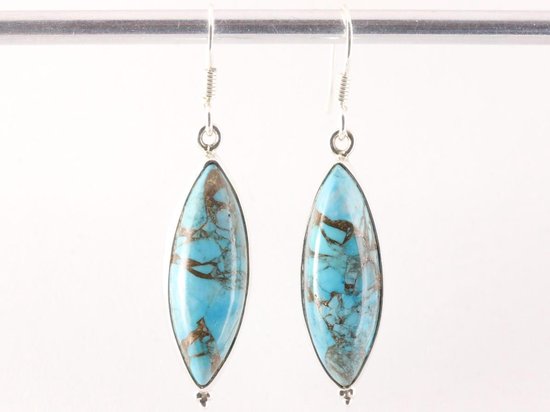 Lange zilveren oorbellen met blauwe koperturkoois afbeelding 4