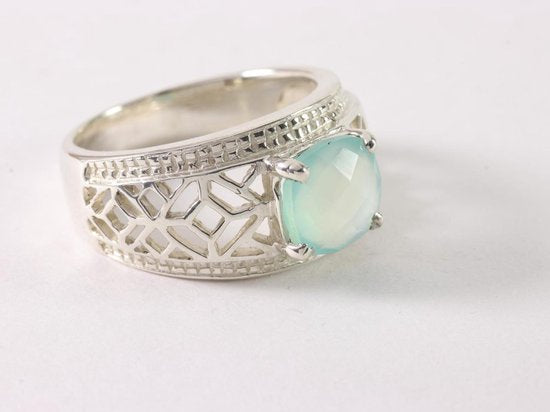 Opengewerkte zilveren ring met aqua chalcedoon afbeelding 1