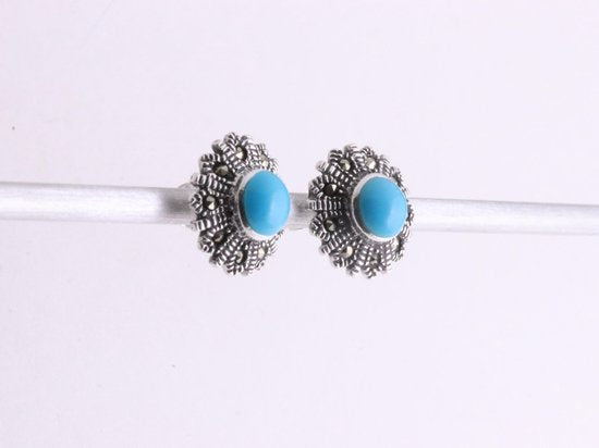 Fijne zilveren oorstekers met blauwe turkoois en marcasiet afbeelding 2
