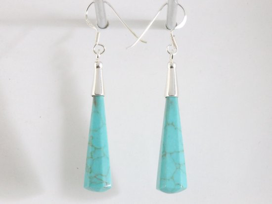 Lange zilveren oorbellen met pegels groene turkoois afbeelding 2