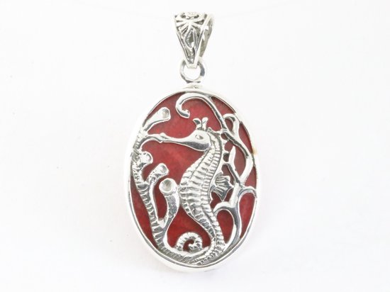 Ovale zilveren hanger met zeepaardje op rode koraal steen afbeelding 4
