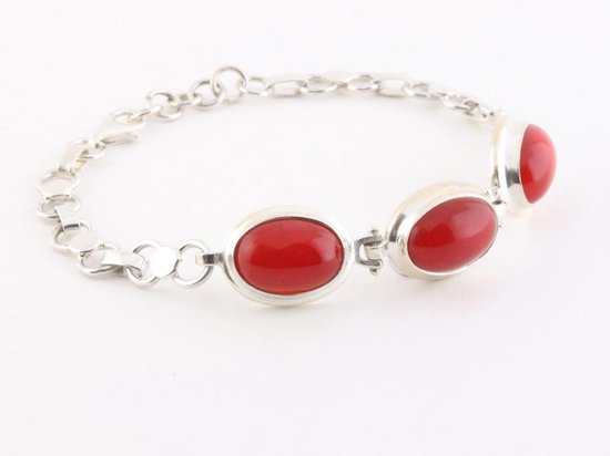 Zilveren schakelarmband met rode agaat afbeelding 3