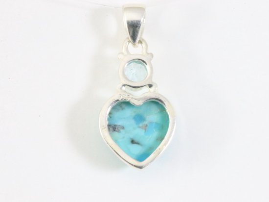 Hartvormige zilveren hanger met Arizona turkoois en blauwe topaas afbeelding 3