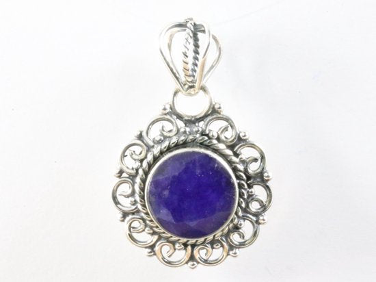 Ronde opengewerkte zilveren hanger met blauwe saffier afbeelding 4