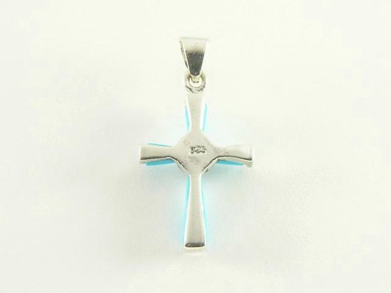 Fijne zilveren kruishanger met blauwe turkoois en marcasiet afbeelding 3