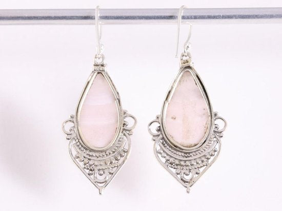 Lange bewerkte zilveren oorbellen met roze lace agaat afbeelding 3