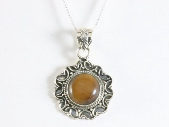 Bewerkte zilveren hanger met tijgeroog aan ketting afbeelding 4