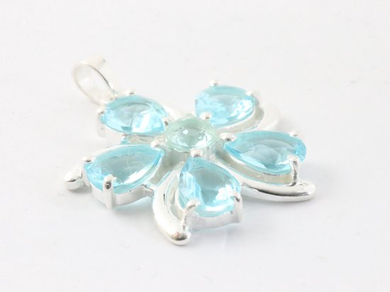 Bloemvormige zilveren hanger met blauwe topaas afbeelding 2