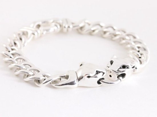 Zilveren armband met gourmet schakels en tijgerkoppen afbeelding 2