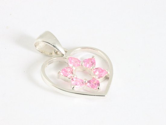 Fijne hartvormige zilveren hanger met roze toermalijn afbeelding 2