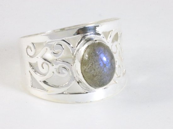 Brede opengewerkte zilveren ring met labradoriet afbeelding 1