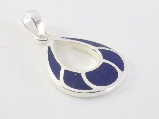 Opengewerkte druppelvormige zilveren hanger met lapis lazuli aan ketting afbeelding 2