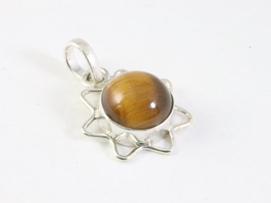 Fijne opengewerkte zilveren hanger met tijgeroog aan ketting afbeelding 2