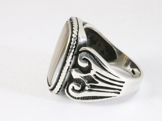 Zware bewerkte zilveren ring met bruine koffie agaat afbeelding 2
