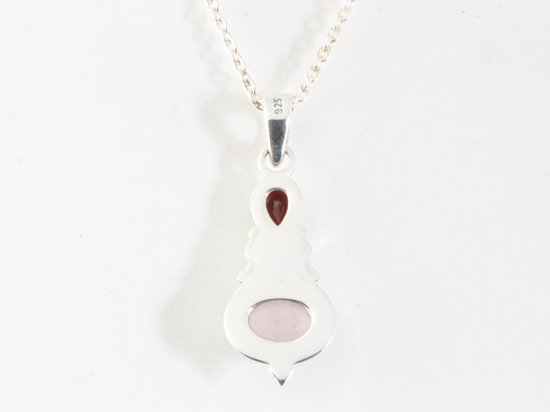 Fijne bewerkte zilveren hanger met rozenkwarts en granaat aan ketting afbeelding 3