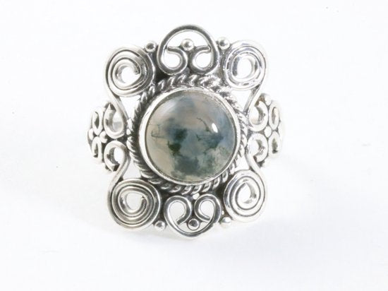 Opengewerkte zilveren ring met mosagaat afbeelding 4