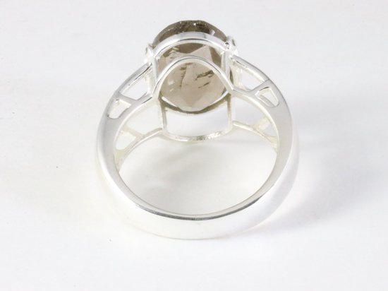 Opengewerkte hoogglans zilveren ring met rookkwarts afbeelding 3