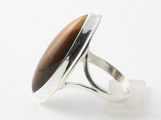 Langwerpige hoogglans zilveren ring met tijgeroog afbeelding 2