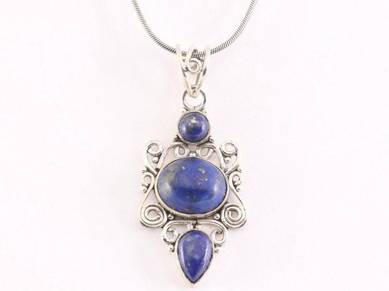 Opengewerkte zilveren hanger met lapis lazuli aan ketting afbeelding 4