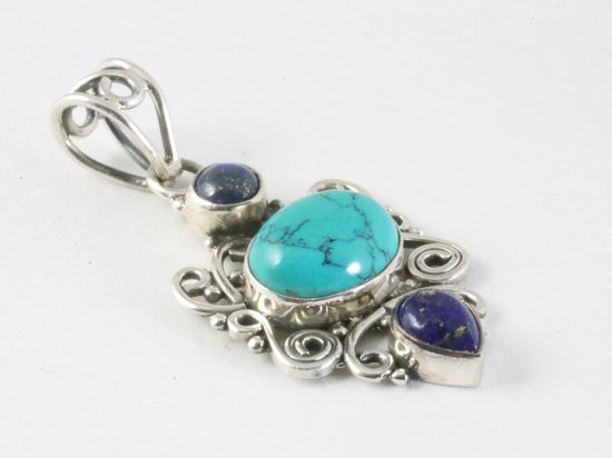 Opengewerkte zilveren hanger met turkoois en lapis lazuli afbeelding 2